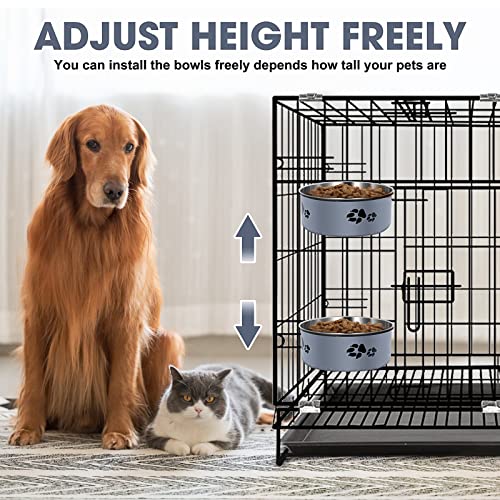Kennel Water Bowl, ShineMe Stainless Steel Pet Food and Water Feeder Dishes - Attachable Dog Crate Bowls Hanging 2 Pack No Spill for Medium & Large Dogs (7.1x2.9” & 6.2x2.6”) - color: Grey, size: L (54oz+34oz)