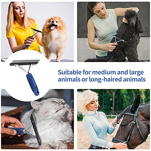 Long Tooth Grooming Undercoat Rake + Stainless Steel Shedding Comb | Deshedding Brushes for Large Pet Horse Longhair Cat, German Shepherd Husky Brush, Dual-Density Straight Comb for Detangling