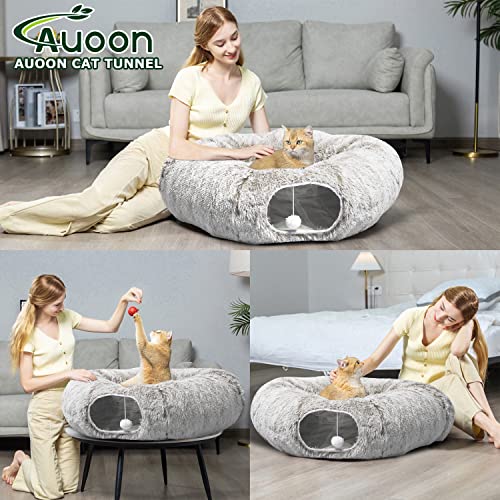 AUOON Plush Cat Tunnel Bed for Indoor Cats, 36" L x 36" W x 11.5" H, Khaki | 2 in-1 Interactive Cat Toy, with Hanging Ball Toy, Machine Washable Center Pad, for Kitten Puppy Rabbit Ferret - color: Khaki