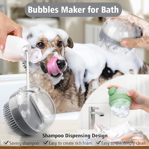 Dog Bath Scrubber Brush, 2 PCS Pet Dog Grooming Massage Shampoo Bath Brush with Soap and Shampoo Dispenser Soft Silicone Bristle for Long Short Haired Dogs Cats Shower - color: Purple & Grey