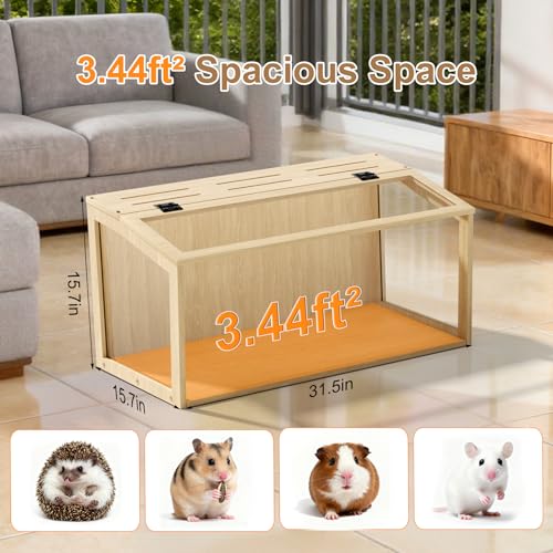 Hamster Cage: 32Inch Wooden Small Animal Cage with Warm Light | Large Clear Hamster House Chewy Proof with Openable Breathable Top - size: 31.5"L x 15.8"W x 15.8"H