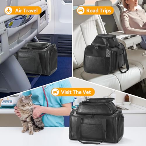 Premium Leather Top Expandable Pet Carrier for Small Dogs & Cats Under 15 lbs, Airline Approved Collapsible Soft-Sided Luxury Travel Bag Black - color: Black