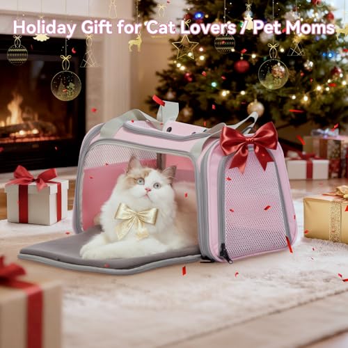 Petsfit Cat Carrier Airline Approved, 17.5×10.5×10.5 in, Pink | Escape-Proof Design with Locking Zippers & Safety Leash, Easy-Access 3-Way Entry, Washable Mat up to 12 lb - color: Pink, size: Medium