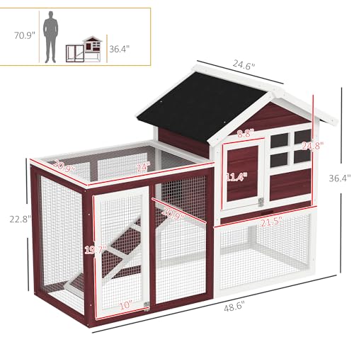 PawHut 49" Wooden Rabbit Hutch Bunny Cage with Fun Outdoor Run Brown | Waterproof Asphalt Roof, Removable Tray and Ramp, for Rabbits, Chickens, Ducks - color: Brown and White