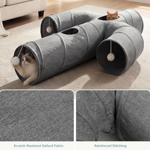 Ownpets Cactus Cat Tunnel 12" with Peek Holes for Indoor Large Cat, Grey | Durable Oxford fabric, noise-free, foldable & connectable, multi-cat friendly, tube for cats up to 20lb, includes ball & wand - size: 12 Inches in Diameter