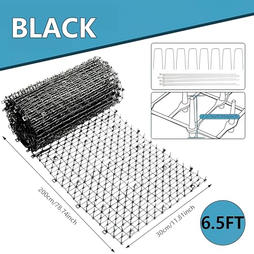Cat Scat Mat with Spikes for Outdoor and Garden | 6.5 Feet Cat Deterrent Mat with Gentle Spikes for Dogs and Raccoons, with 8 Ground Stakes & 8 Zip Ties, 78.74" x 11" (Black) - color: Black