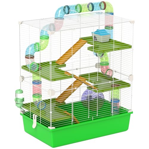 PawHut Extra Large 23" Hamster Cage with Tubes and Tunnels, Portable Carry Handles, Rat House and Habitats Big 5-Tier Design, Mouse Cage Includes Exercise Wheel, Water Bottle, Food Dish, Green | Portable Carry Handles, Rat House and Habitats, Big 5-Tier D