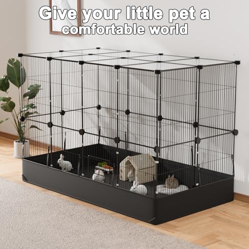 Tresbro Guinea Pig Cage with Waterproof PVC Bottom Liner & One-Hand Release Hook, Triple Fixing C&C Cage for Guinea Pigs, Bunny, Rabbit, Hedgehog, Small Animal Indoor Playpen 48''L x 24''W x 31.5''H - size: 24 Panels-with roof