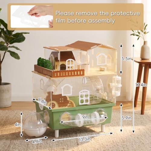 Acrylic Hamster Cage Clear Hamster Habitat with Running Wheel & Hideout | 2-Tier Hamster House with Tubes and All Accessories, Easy to Clean, Suitable for Small Hamsters, 13.3''* 9.8''* 17.4'', Green - color: Green