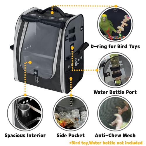 Birds Day Bird Carrier Backpack - Breathable Mesh Portable Parrot Travel Cage with 2PCS Perch, Food Bowl, and Stainless Steel Tray (Charcoal Gray) - color: Charcoal Gray