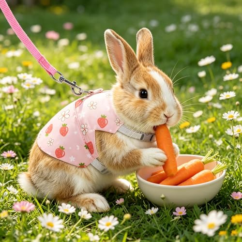 Bunny Harness and Leash Set Adjustable Escape Proof Rabbit Harness Double Buckle Bunny Accessories for Small Animal Pets Walking Training (Pink Strawberry, M -Chest(10.2-11.8in))