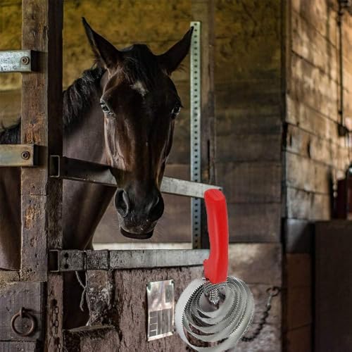 kathson 5 Rings Curry Comb Horse Brush Scraper Reversible Stainless Steel Livestock Shedding Comb with Soft Touch Grip for Dog Horse Grooming Supplies (Red)