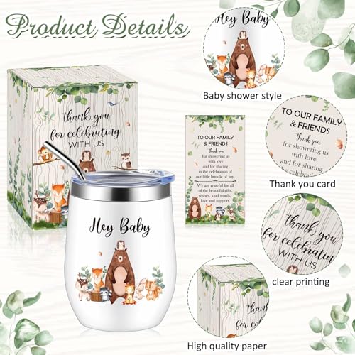 Hoolerry 6 Set Baby Shower Game Prizes for Guests Winners 12 oz Insulated Stainless Steel Tumbler Cup with Lids, Straws, Cleaning Brush, Cards & Boxes Return Gifts(Green,Woodland Animals) - color: Green, style: Woodland Animals
