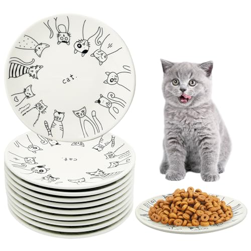 Ceramic Cat Bowl Set of 10-5.9 inch Wide & Shallow Cats Food Dish Cute Kitty Plates Relief Whisker Fatigue Small Pet Feeding Bowls for Kittens Puppy