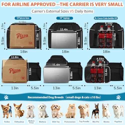 Top and Side Expandable Small Pet Carrier Airline Approved, Black | 18"Lx13"Wx9.5"H, for Southwest Airlines, Pets Under 10 Lbs, Lockable Zippers,Soft-Sided, Anti-Scratch Mesh - color: Black, size: 18.0"L x 13.0"W x 9.5"H