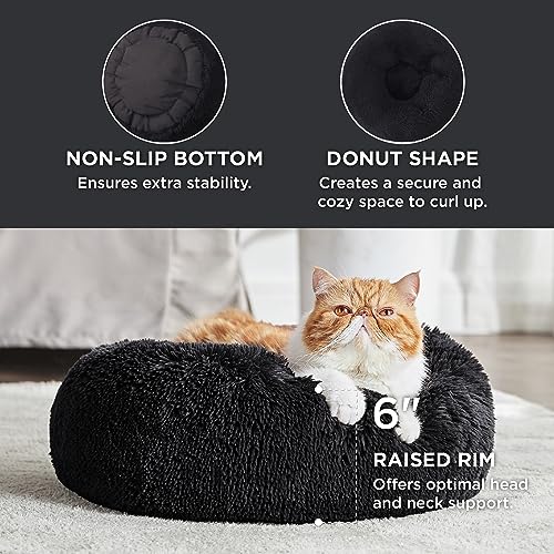Bedsure Calming Cat Beds Donut Round Washable Kitten Bed,20 inches Black | Fluffy Faux Fur Cuddler,Anti-Slip Bottom,Anti-Anxiety,Deep Sleeping for Cats&Small Pets Up to 15 Lbs - color: Black, size: 20"L x 20"W x 6"Th