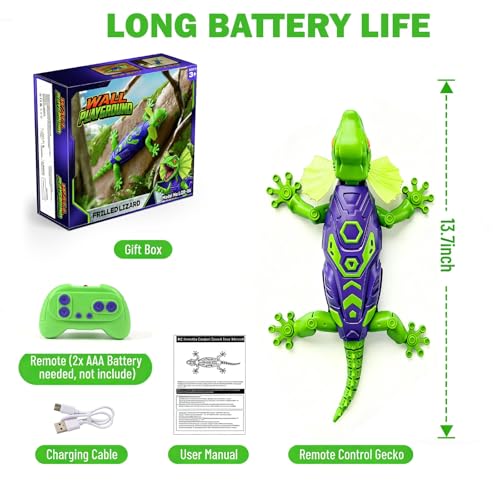 Wall Climbing Gecko Toy for Boys, Remote Control Lizard That Climbs Walls, Ceilings and Floors, Rechargeable Wall Crawler Robot with Strong Suction and LED Eyes, Fun Birthday Gift for Kids Ages 4-12 - color: Green