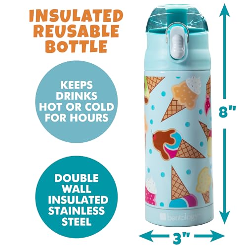 Bentology Stainless Steel 13 Oz Reusable Water Bottle for Kids, Ice Cream | Double Wall Insulated, Spill Proof Lid W/Built-in Straw- Keep Liquids Hot or Cold- Easily Fits in Lunch Boxes & Bags - color: Ice Cream