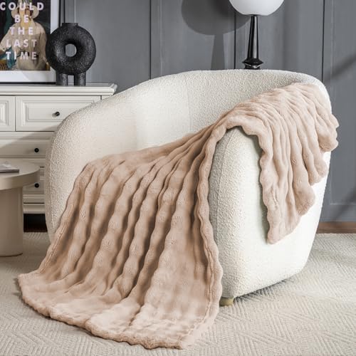 Brown Faux Fur Throw Blanket for Couch, Soft Fluffy Bubble Blanket for Bed Sofa, Thick Warm Plush Fuzzy Rabbit Fur Blanket for Neutral Home Decor, 50"X 60" - color: Brown, size: throw(50x60)