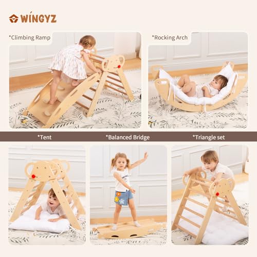 Pikler Triangle Set, Montessori 8-in-1 Climbing Set with Cushion | Wood Jungle Gym for 18M-5Y, Foldable, Reversible Animal Slide, Patent-Protected, 2.35in Gap, ASTM F963, Wood - color: Teak