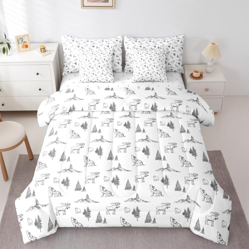 Erosebridal Woodland Animals 7 Piece Comforter Set Full Size Bear Deer Wolf Hunting Theme Bedding Set for Kids Child | Rustic Cabin Lodge Decor Sheets Farmhouse Wildlife Mountain Black White Quilt - color: Black White, size: Full