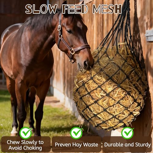 3 Pcs 47" Hay Nets for Horses with Straps & Hooks | Slow Feed Hay Bags for Horses, Hanging Hay Net Feeder, Heavy Duty, For Stall, Fence, Trailer, Goats & Sheep