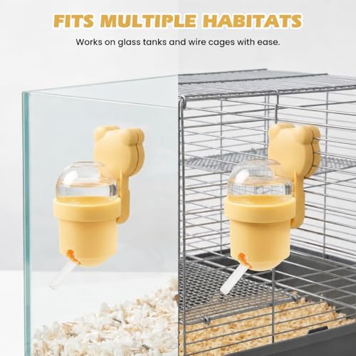 Magnetic Hamster Water Bottle, 3.7 oz Glass Small Pet Water Dispenser with Quiet Vacuum Nozzle, Drop-Resistant Holder for Cage or Glass Tank, for Hamsters, Gerbils and Mice(Yellow)