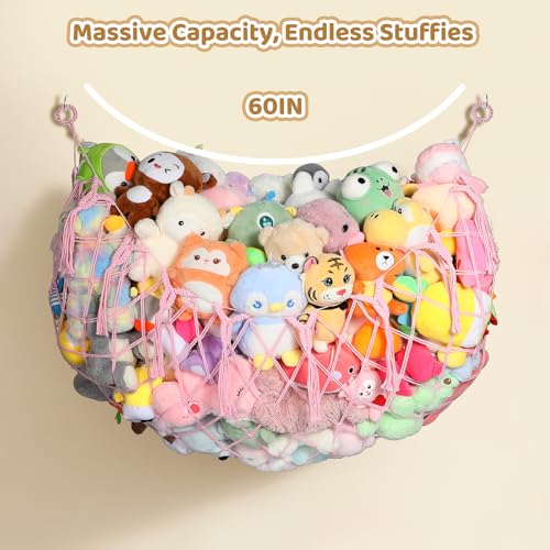 YECAYE Stuffed Animal Net, 60 Inch Plushies Storage, 1 Pack, Fairy Pink | Large Capacity, Handwoven Design, Wall Mounted with Anti-Slip Hooks, Flexible Hanging, Space-Saving Stuffed Animal Storage - color: Fairy Pink, size: 1 pack