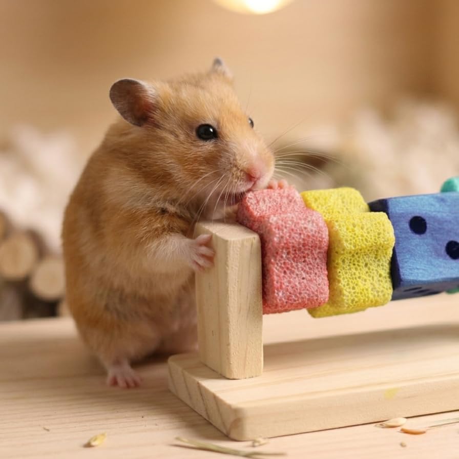 Hamster Chew Toys with Rotatable Wooden Stand, 5.5 Inch Teeth Grinding Stone Blocks, Rat Chew Toys for Pet Rats Enrichment, Guinea Pig Chew Toys for Teeth, Gerbil & Chinchilla Chews