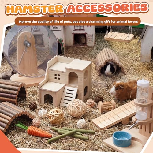 40 Pcs Hamster Cage Accessories, 9.5'' Exercise Wheel, Wood Platform Hideout House, Water Bottle, Sand Bath, Bowl, Chew Toy for Syrian Hamsters Mice Gerbils Habitat Decor(Active Style) - style: Active Style