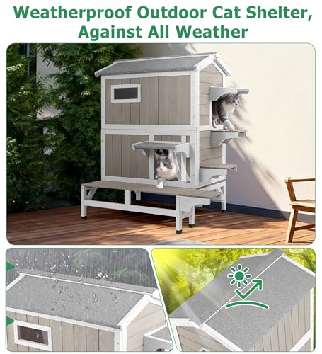 Outdoor Cat House Weatherproof Cats Shelter for Feral Kitten Pet Houses for 1-2 Small Animlas 2 Story Wooden Houses for Indoor Outdoor Cats with Escape Doors (25.5" D x 33.5" W x 39.5" H) - style: 25.5"D x 33.5"W x 39.5"H