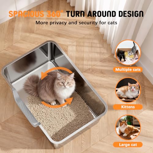 Stainless Steel Litter Box with High Sides,23.6" L X 15.7" W X 7.8" H,Extra Large Jumbo Cat Litter Box,XL Kitty Metal Liter Box for Indoor Big Cat,Non-Sticky,Anti-Leakage(Entry on Long Side) - size: Entry on Long Side