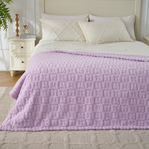 Lavender Plush Throw Blanket 50 x 60 Inch, Soft Fuzzy Fleece Blanket with Purple Bow, Cozy Decorative Blanket for Couch, Sofa, Bed and Bedroom - color: Fluffybow-purple, size: throw(50x60)