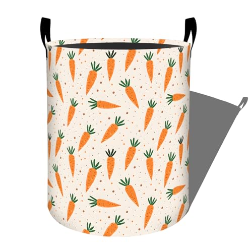 Playful Carrot with Green Leaf Laundry Basket with Handles, 19.7"x15.7" Clothes Foldable Polka Dot Design Laundry Hamper Organizer for Dorm Nursery Bedroom Bathroom Decor, Toy Storage Bin for Kids - style: Carrot02