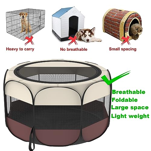 Portable Pet Playpen Puppy Pen Dog Tent Cat Playpen | 8-Panel Indoor/Outdoor Puppy Pen with Shade Cover & Travel Bag - Waterproof Dog Cat Tent - color: Brown, style: Large(45"x45"x24" with free bonus)