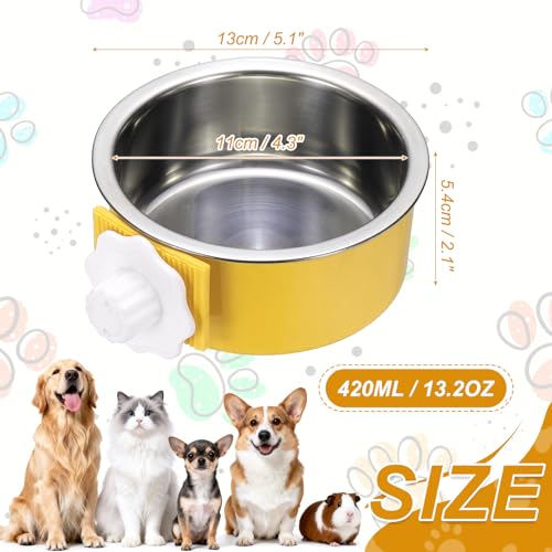 Crate Dog Bowl, Removable Stainless Steel Pet Cage Hanging Anti-Overturn Food Water Feeder Cage Cup (Round, Yellow, 13.2oz), Intended for Puppies/Cat/Rabbit/Bird - color: Yellow, size: 5.1"(13.2oz)