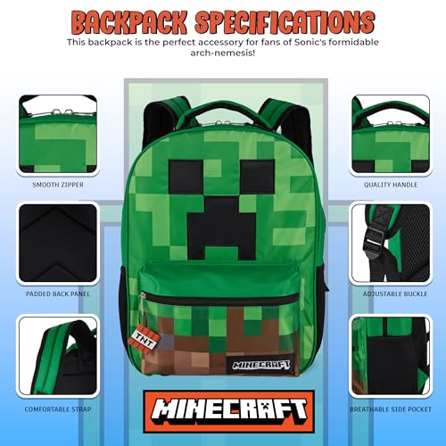 AI ACCESSORY INNOVATIONS Minecraft Backpack for Boys & Girls, Big Face Creeper School Bag with Front Pocket, TNT Rubber Molded Dangle, Green - style: Minecraft