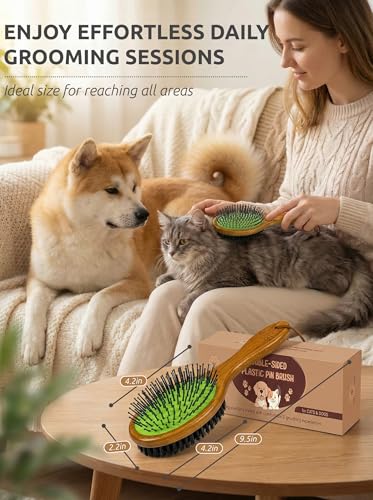 TAKAVU Pin & Bristle Pet Brush for Dogs & Cats, Double-Sided | Grooming Tool Detangles, Removes Loose Hair & Conditions Coat, Soft on Sensitive Skin, Natural Wood Handle Groomer - color: Black Boar Bristle & Pin Brush