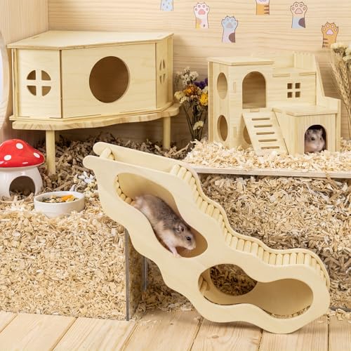 BreezeHug 4 Pcs Hamster Cage Accessories Hamster Platform Hideout Wooden Tunnel Ladder Playhouse Game Climbing Toy with Platform for Pets Dwarf Syrian Mice Degus Gerbils Squirrel(Spy Villa) - style: Spy Villa