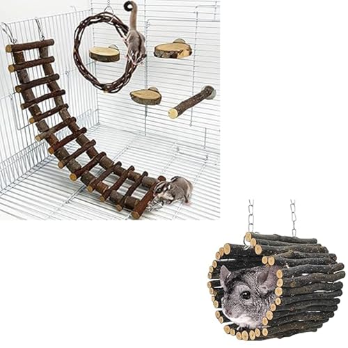 BNOSDM Cage Accessories 6 Packs Wood Sugar Glider Toys Hanging Cage Ladder Perch Stand Climbing Platform and 5.9"X 5.9" Size M Chinchilla Hanging Tunnel Toy Adjustable Metal Chain Natural Fruitwood