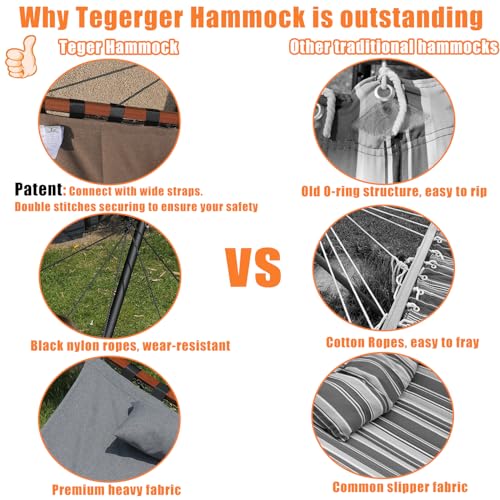 TegerDeger 12FT 2 Person Hammock with Stand Included 55 x 79IN Large Hammock 450LB Capacity with Hardwood Spreader Bar & Nylon Rope for Outside, Patio, Garden, Backyard, Beach, Poolside - Beige - color: Beige