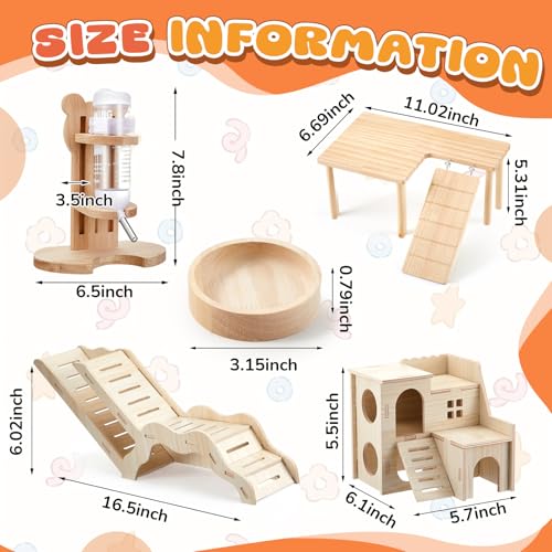 5 Pcs Hamster Cage Accessories, Wood Hamster Play Wooden Platform Water Bottle with Stand Climbing Set for Rat Mice Small Animals Pets Habitats Woodland Decor(Villa Playground) - style: Villa Playground