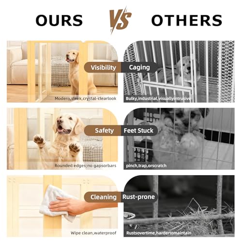 8 Panel Elegant Wooden Frame Clear Acrylic Indoor Puppy Playpen | Stain-resistant waterproof layering designed for hassle-free cleaning and long-lasting furniture protection - size: 8 Panel 39.4x39.4in
