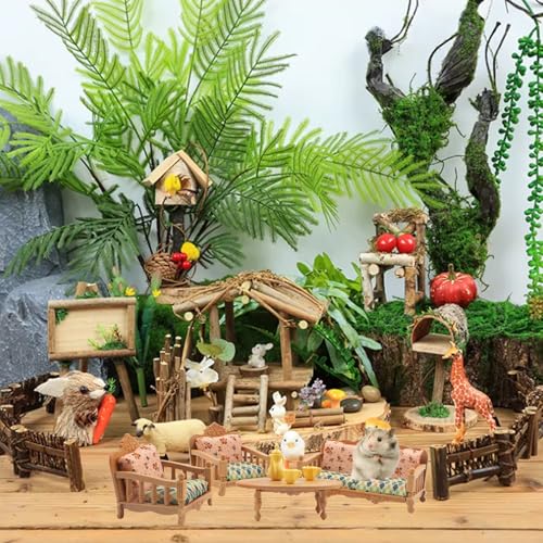 Hamster Mini Sofa Chair, Cage Decor Photo Toys, Fluffy Small Pet Furniture Including Couch and Teatable Tea Cups, Relax Habitat House Accessories