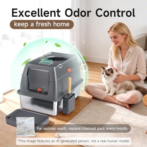XL Enclosed Stainless Steel Litter Box with Lid, Dark Gray | covered, High Sided, Rustproof & Leak Proof, Easy Clean, Odor Control, Includes Scoop & Step - color: Dark Gray