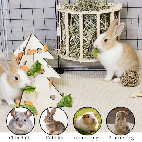 Guinea Pig Hay Feeder Wooden Rabbit Hay Rack Bunny Treat Holder Vegetable Dispenser Foraging Toy Cage Accessories for Chinchillas Small Animals