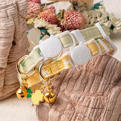2 Pack Cotton Cat Collar Green and Yellow Flowers Cute Kitten Cat Collar | Breakaway Breathable Soft material With cute pendants with Bell - color: Green&Yellow