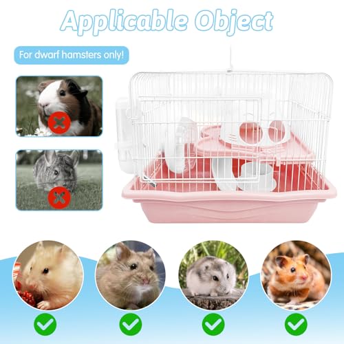PINVNBY Dwarf Hamster Cage, Small Animal Cages, 2-Tier Travel Portable Mouse Cage Hamster Carrier with Castle House Running Exercise Wheels, Water Bottle and Food Dish（Pink） - color: Pink, size: L: 13.78x10.23x11.02in