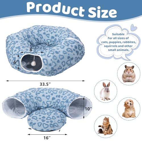 Cat Tunnel Bed, Cute Cat Tunnel Toy with Washable Cushion, Fits Indoor Cats up to 25 lbs, Cute Peekaboo Cave Pet Bed for Kittens, Rabbits, Blue Heart - color: Blue Heart