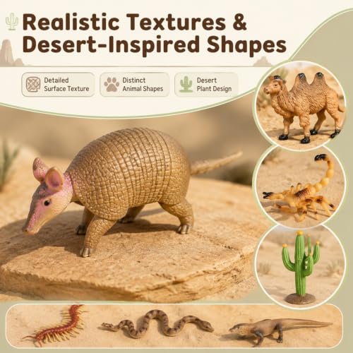 16pcs Desert Animal Figures Playset with Cactus & Model Trees | Diorama Project with Fennec Fox Camel Rattlesnake Scorpion Lizard,Reptile Toys for Diorama Supplies Cake Toppers Party Decor